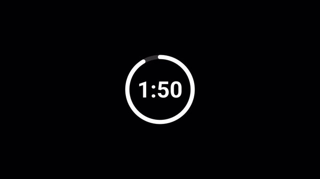 2 Minute circle Countdown Digital Timer Animation,  two minute Countdown Timer Animation from 2 minute to 0 second on black background.