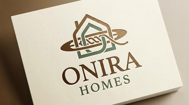 Elegant real estate logo design mockup on textured white card featuring interlocking house outline and orbital ring for Onira Homes