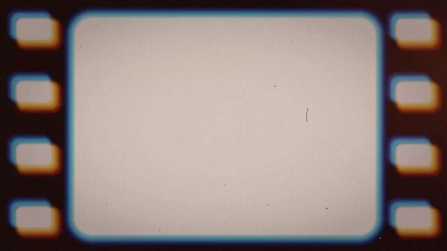 Vintage 8mm film frame animation with sprocket holes scrolling down, film grain, dust and scratches, orange light leaks and film burn, retro cinematic overlay