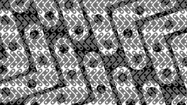 Black and white geometric pattern with repeating dots and chevrons