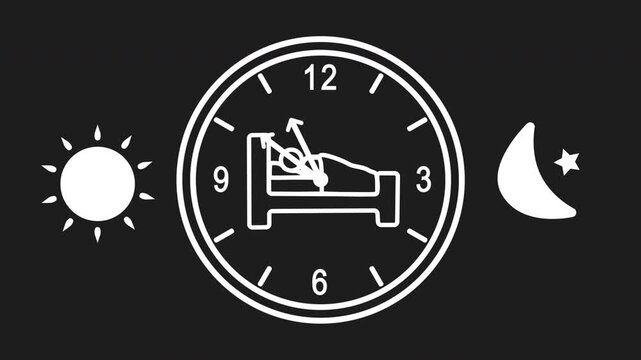 White line rotating clock with a sleeping person inside and moon and stars outside. Shows the biological clock. For sleep science and health videos, transparent background
