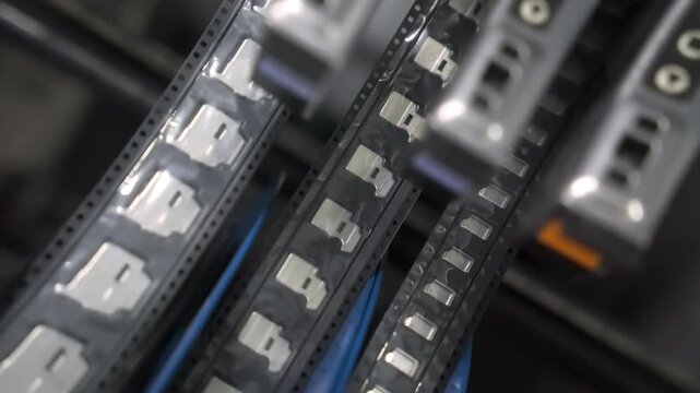 SMD components in carrier tape moving into SMT machine. Electronic components feeder. Electronics manufacturing