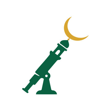 Moon sighting icon, minaret shaped telescope pointing at a thin crescent, Ramadan hilal observation