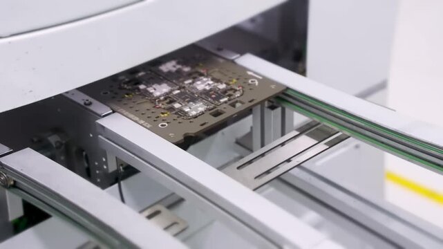 Circuit board panel moving on conveyor in SMT line. Automated smartphone production in electronics factory
