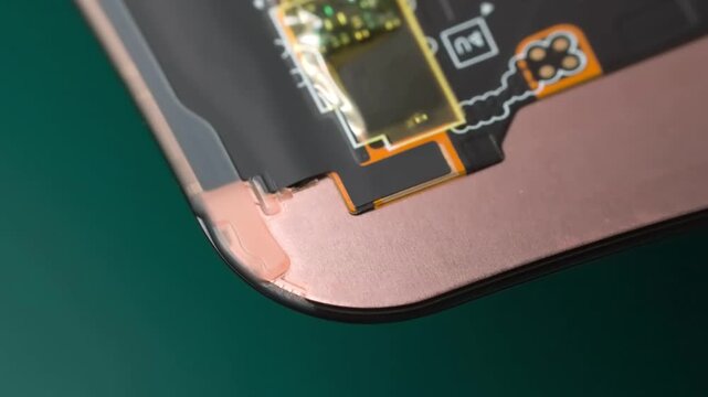 Inside smartphone close up. Flexible cable and internal components of mobile phone. Electronics technology