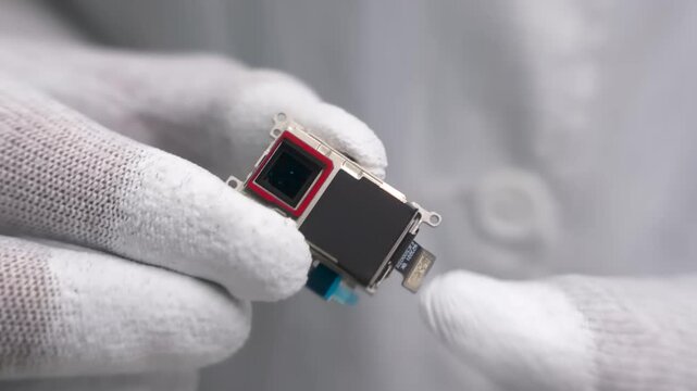Smartphone camera module in hand in white glove. Mobile phone camera lens close up. Electronics manufacturing