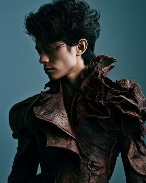 a model wearing a structured avant-garde jacket made from bioluminescent mushroom