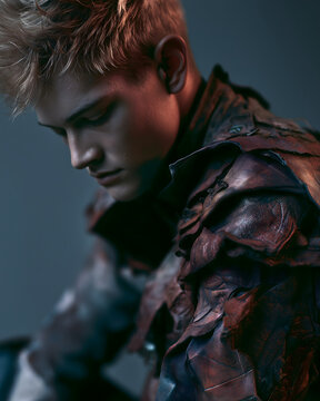 a model wearing a structured avant-garde jacket made from bioluminescent mushroom leather