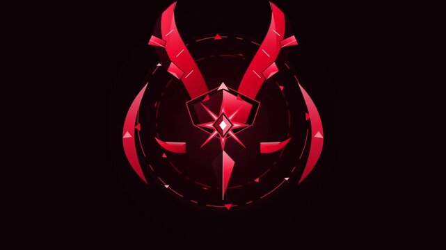 Abstract red devilish emblem with sharp horn shapes and glowing star core on black background, suitable for dark fantasy gaming, halloween spooky aesthetic, and futuristic sci-fi warrior rank icon.