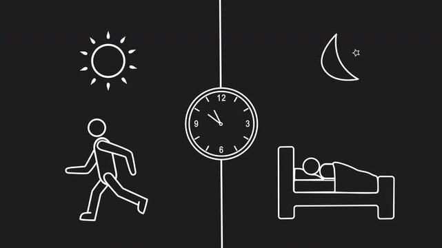 White line walking human under a sun and sleeping person under a moon, with a clock between. Shows the daily rhythm. For lifestyle infographics on dark background