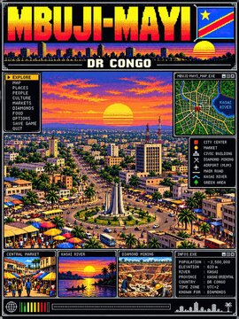 Retro pixel art travel interface for Mbuji-Mayi, Democratic Republic of the Congo, featuring a city panorama, sunset, map, central market, Kasai River, and diamond mining.