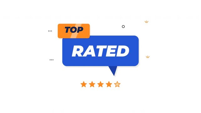 Animated blue speech bubble revealing Top Rated text with five gold stars for customer review and quality feedback.