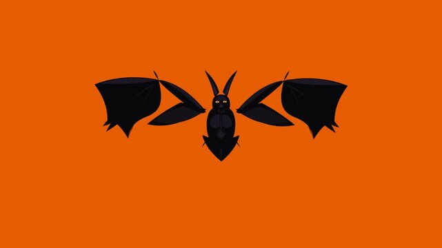 Stylized black bat with glowing yellow eyes flapping its wings against a solid orange background, ideal for Halloween festive decorations, spooky themed motion graphics and creative projects.