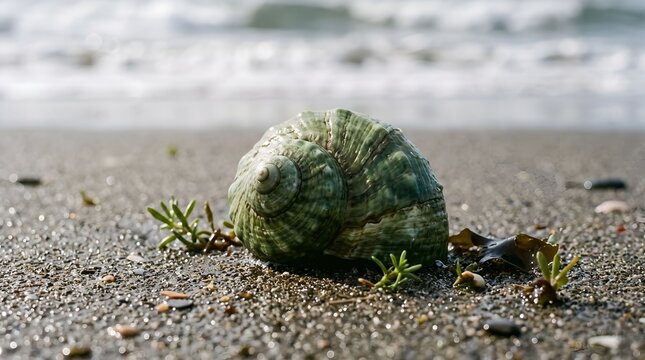 Large green sea snail shell resting on wet sandy beach with ocean waves background