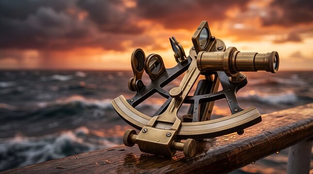 Vintage brass sextant on a wooden ship railing against a dramatic ocean sunset