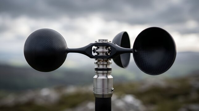Modern black cup anemometer measuring wind speed against a stormy overcast sky