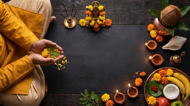 Diwali puja setup with brass idol marigold flowers oil lamps and