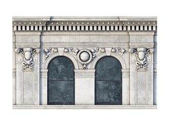 Modular 2D Renaissance Revival top roof cornice and window module asset with ornate stone architecture. Isolated on a transparent background for building design. © FraP 2D