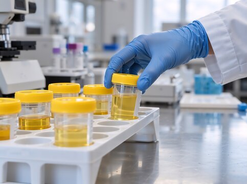 Laboratory technician in blue gloves carefully handles a urine sample cup for substance abuse testing, highlighting medical diagnostics, drug screening, and healthcare procedures in a clinical setting