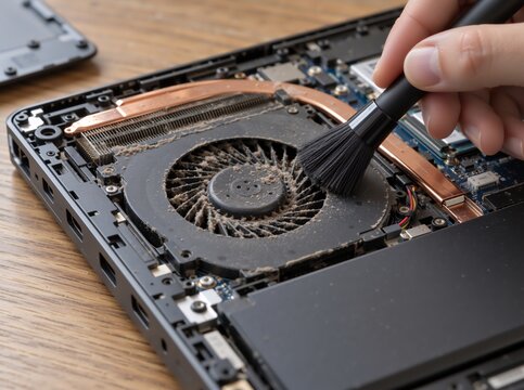 Close-up of hand cleaning dusty laptop cooling fan with brush. . Internal computer hardware maintenance. . Overheating prevention and repair. . Electronic device service. . Computer component detail