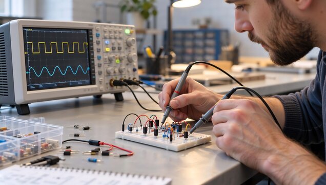 Young man testing electronic circuit on breadboard with oscilloscope in workshop. Close-up on hands and equipment. Technology and engineering concept. Detailed view of components and wires