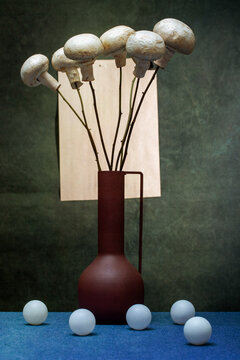 Still life "Bouquet of mushrooms" with mushrooms on wooden sticks