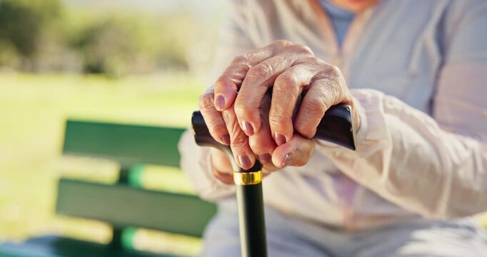 Senior, woman or hands with cane on park bench for retirement support, balance or mobility in nature. Elderly, female person or pensioner with walking stick or grip for outdoor assistance or aid