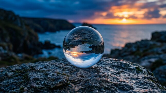 Glass crystal ball resting on wet coastal rock reflecting inverted sunset landscape over ocean horizon.