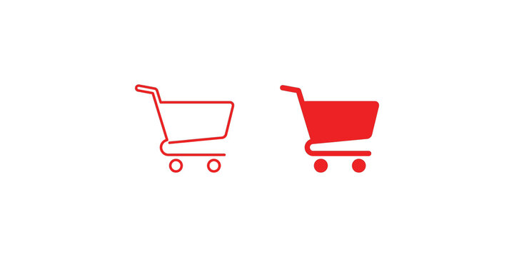 Red shopping cart icon set featuring outlined and solid graphic styles for online commerce platforms.