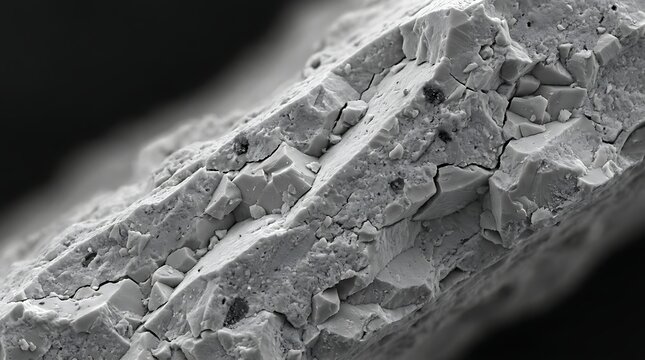 Microscopic view of fractured rock surface with sharp crystalline structures and mineral inclusions science research.