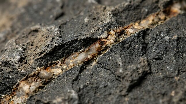 Close up view of mineral vein within dark rock, showing crystalline quartz and iron oxidation detail geology science.