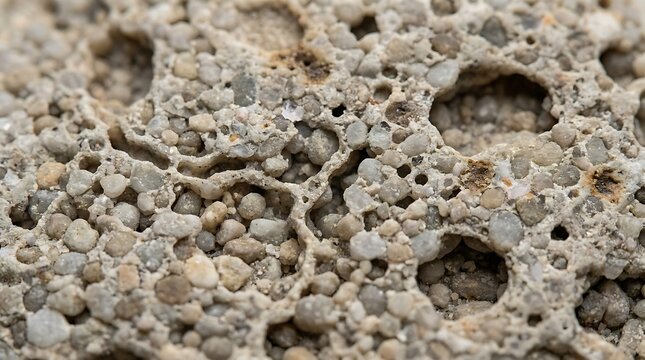 Extreme macro view of porous concrete or stone aggregate surface showing grey pebbles bonded together with small holes and rough mineral textures throughout.
