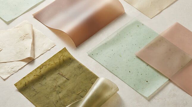 Collection of sustainable bio based material sheets in various earth tones and textures including translucent films and fibrous paper alternatives on surface.