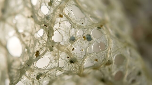 Macro extreme close up of porous organic fiber structure showing intricate network of cells and translucent membranes with backlighting revealing micro details.