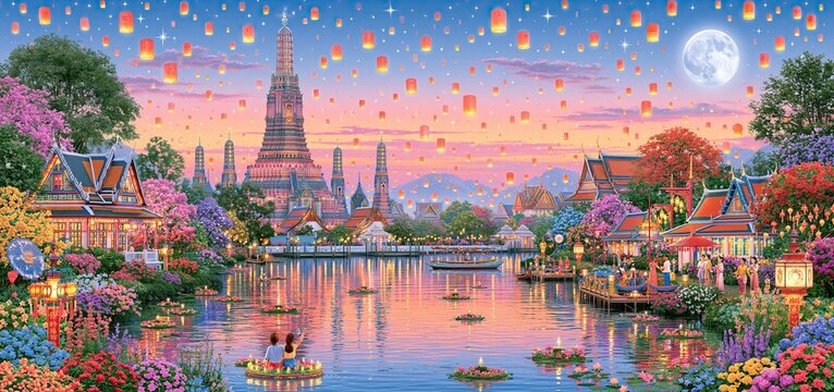 Colorful Loy Krathong festival scene with floating lanterns, joyful families, and a serene river at night.