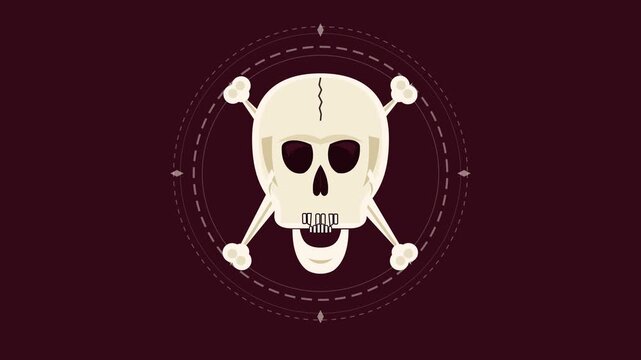 Stylized human skull and crossbones illustration for Halloween theme, flat design creepy pirate symbol on dark maroon background with decorative geometric circular elements for spooky decor.