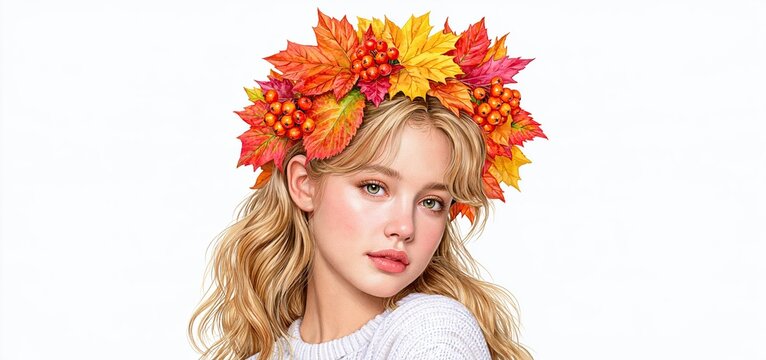 In a warm autumn watercolor scene, a woman wears a crown of leaves and berries, softly lit for seasonal editorial and catalog designs.