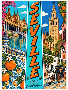Vintage-style Seville poster depicts sunlit courtyards, historic architecture, tiled fountains, orange trees, and a horse-drawn carriage in vivid colors.