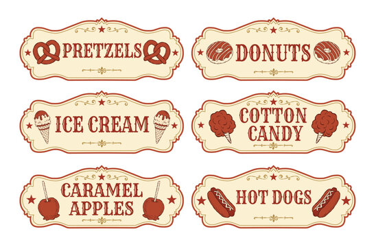 Set of six vintage circus food signs featuring pretzels, donuts, ice cream, cotton candy, caramel apples, and hot dogs for circus parties, carnival food stalls, concession stands, amusement parks