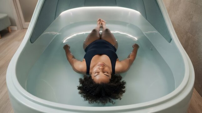 Woman relaxes in a sensory deprivation float tank during a peaceful wellness session