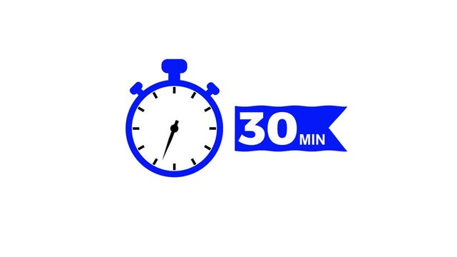 30 Min arrow clock icon animation. Stopwatch timer 30 minutes countdown clock animation on white screen with alpha channel.