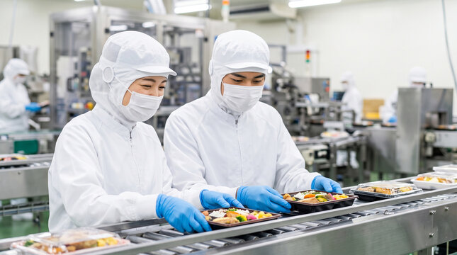 食品工場で衛生服を着てお弁当の盛り付けや検品作業を行う作業員