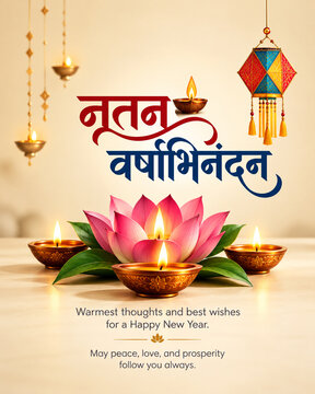Glowing diya lamp with lotus, Nutan Varshabhinandan celebration flyer, Happy Gujarati New Year post, Indian festival greeting card, traditional Diwali holiday banner, auspicious Hindu cultural backgro