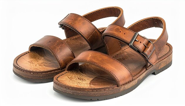 Pair of brown leather sandals with simple straps and textured footbeds, realistic material details, isolated on white background