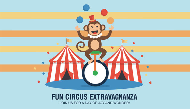 Circus party banner featuring happy monkey riding unicycle and juggling balls between red striped circus tents.