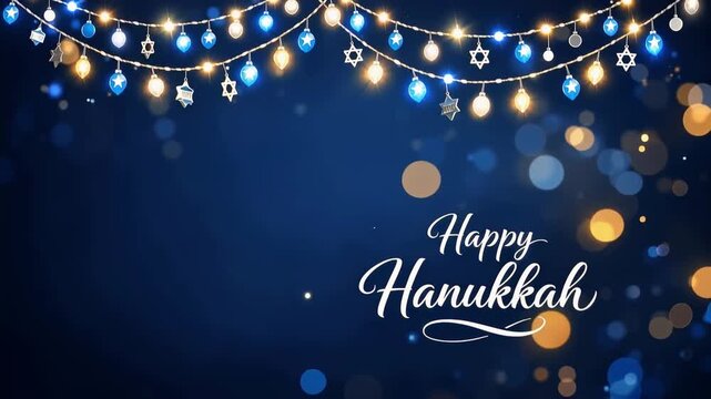 Festive happy hanukkah greeting with hanging star and lantern string lights, golden bokeh and glowing menorah elements on deep blue background