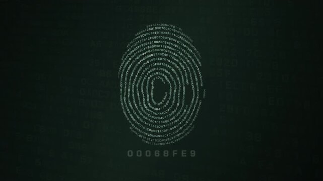 Digital fingerprint formed from hexadecimal code representing biometric identification and cyber security.