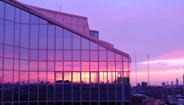 Modern glass building exterior with purple and pink sunset sky reflections