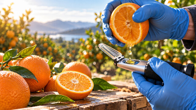 Citrus maturity testing with orange juice refractometer and gloved