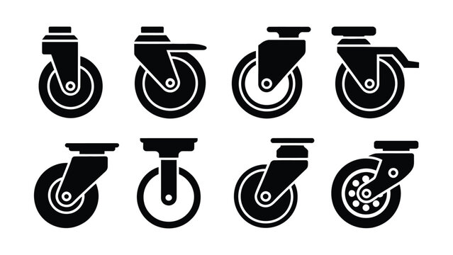 Industrial caster wheel icon set with furniture swivel rollers and cart wheels in solid silhouette style isolated on white background